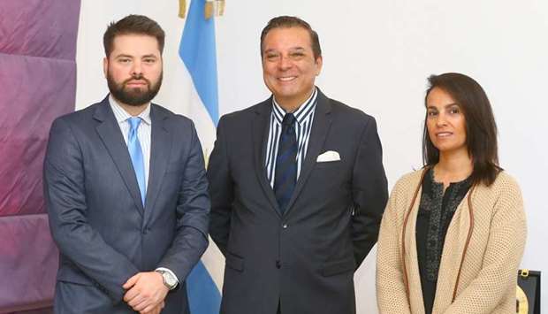 GROUP: From left, Facundo Chadini, Representative of Margarita Barrientos Foundation; Dr Carlos Hernandez, Ambassador of Argentina to Qatar; and Mariame Farqane, CEO of Pallas Arts.                 Photo by Jayan Orma