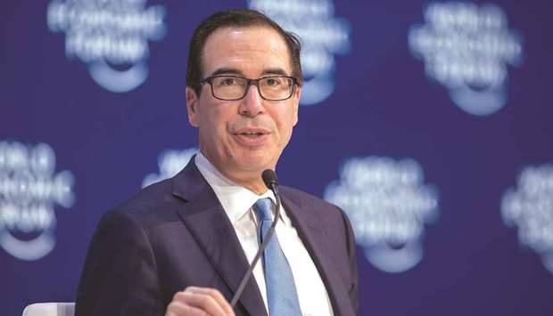 Steven Mnuchin, US Treasury secretary, speaks during a panel session on the closing day of the World Economic Forum in Davos yesterday. Mnuchin labelled the US as a u201cbright spotu201d in the world and attributed that to President Donald Trumpu2019s tax cuts u2014 along with his rollback of regulations and his trade deals.
