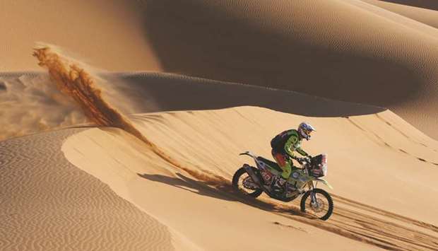In this January 12, 2020, picture, Edwin Straver rides his bike during stage 7 of the Dakar Rally in Saudi Arabia. (Reuters)
