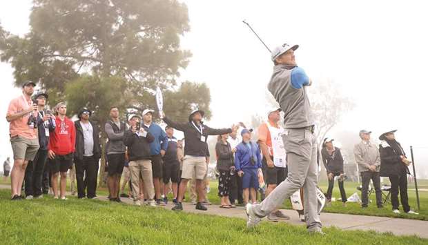 Sebastian Cappelen plays his second shot from the rough on the 18th hole during the first round of the Farmers Insurance Open at Torrey Pines in San Diego, United States, on Thursday. (USA TODAY Sports)
