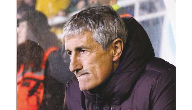 Barcelonau2019s Spanish coach Quique Setien looks on during the Copa del Rey match against Ibiza on Wednesday. (AFP)