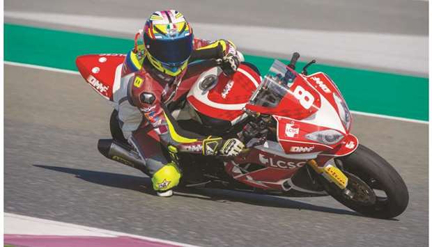 Abdulla al-Qubaisi in action during the qualifying session for the third round of the Qatar Superstock 600 at the Losail International Circuit yesterday.