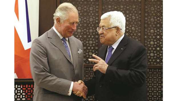 Britainu2019s Prince Charles meets with Palestinian President Mahmoud Abbas during a visit in Bethlehem in the occupied West Bank, yesterday.