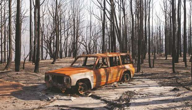 A burned car stands amid dead trees after a wildfire destroyed the Kangaroo Valley Bush Retreat in Kangaroo Valley, New South Wales, Australia.