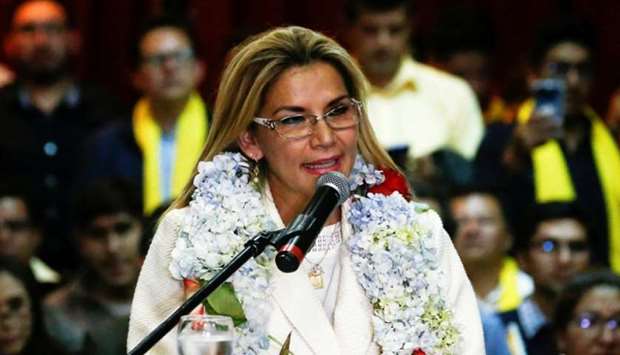 Boliviau2019s interim President Jeanine Anez speaks during a ceremony to announce her nomination as presidential candidate for the upcoming elections