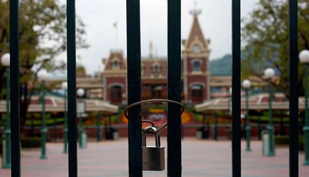 A locked gate is seen after the Hong Kong Disneyland theme park has been closed, following the coronavirus outbreak in Hong Kong