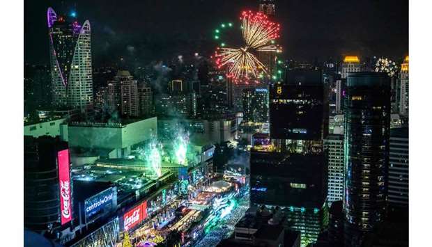 CELEBRATIONS: Fireworks erupt over downtown Bangkok during New Yearu2019s celebrations on January 1, 2020.   AFP