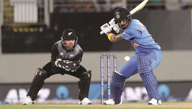 Indiau2019s Lokesh Rahul (right) in action during the second T20 against New Zealand at Eden Park in Auckland yesterday. (AFP)