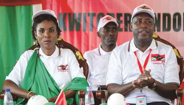 Burundiu2019s ruling party, the National Council for CNDD-FDDu2019s secretary-general Evariste Ndayishimiye and his wife Angeline Ndayubaha attend the extraordinary congress after he was picked as their candidate for the next presidential election scheduled for May, in Gitega Province, yesterday.