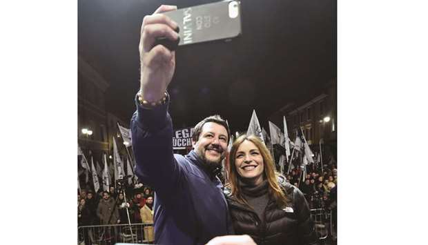 This picture taken on Friday shows Salvini taking a u2018wefieu2019 with Borgonzoni during a rally in Ravenna ahead of yesterdayu2019s regional election in Emilia-Romagna.