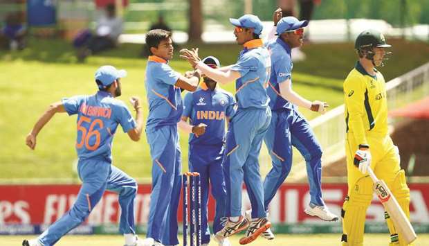 Kartik Tyagi of India celebrates his first wicket during the ICC U19 World Super League Cup quarter-final between India and Australia at JB Marks Oval in Potchefstroom, South Africa, yesterday. (ICC)
