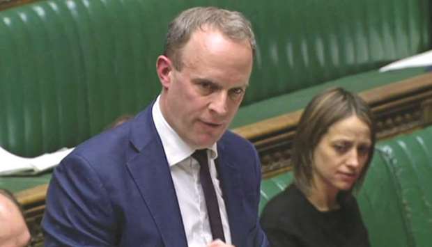 A video grab from footage broadcast by the UK Parliamentu2019s Parliamentary Recording Unit shows Britainu2019s Foreign Secretary and First Secretary of State Dominic Raab as he makes a statement on the Governmentu2019s 5G announcement, in the House of Commons in London yesterday.