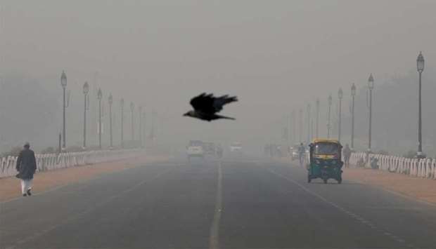 A bird flies amidst smog near India's Presidential Palace in New Delhi