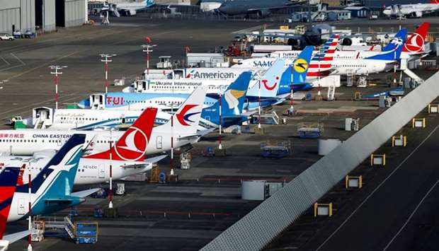 An aerial photo shows several Boeing 737 MAX airplanes grounded at Boeing Field in Seattle, Washingt
