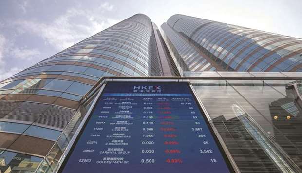 A screen displays stock figures outside the Exchange Square complex, which houses the Hong Kong Stock Exchange. The bourse fell 2.8% to 27,160.63 points yesterday.