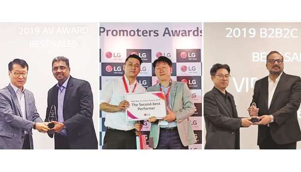 (From left) James Lee, LG MEA CEO, presents the Best Sales Performance Award for AV to Rajesh Menon, product head u2013 Home Entertainment from Video Home; Michael Marquez, store manager, receiving the Second Best Promoter Award from Young Hwan Choi, LG MEA GTM head; and Hongju Jeon, LG Gulf president, presents the Best Sales Performance Award in B2B2C to Pradeesh Kumar, B2B sales head, Video Home.