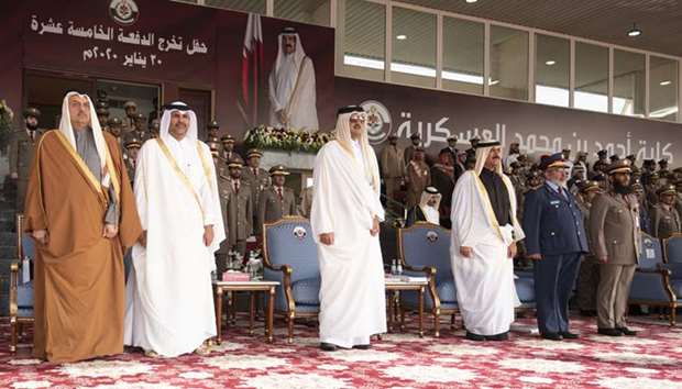 His Highness the Amir Sheikh Tamim bin Hamad al-Thani attends the graduation ceremony of the 15th batch of students of Ahmed Bin Mohamed Military College on Thursday.