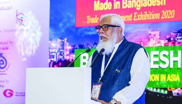Rahman delivering a speech after the opening ceremony of the ,Made in Bangladesh, exhibition, which concluded on Thursday in Doha.