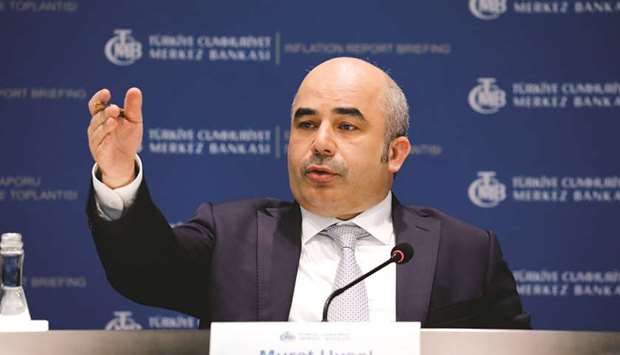 Murat Uysal, governor of Turkeyu2019s central bank, gestures during a news conference in Ankara (file).
