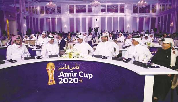 QFA President Sheikh Hamad bin Khalifa bin Ahmed al-Thani (centre) and other officials attend the draw ceremony for Amir Cup 2020 Round of 16 in Doha yesterday. PICTURES: Jayaram