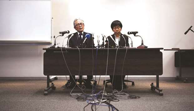 Care centre general director Junji Kusamitsu (left) and care centre director Kaoru Irikura speak during a press conference in Yokohama yesterday after the first day of the trial of Satoshi Uematsu.