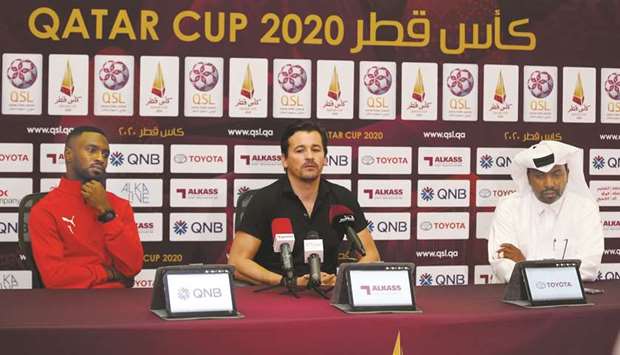Al Duhail coach Rui Faria (centre) and striker Ismail Mohamed (left) address a press conference on the eve of Qatar Cup semi-final against Al Sailiya. (Below) Al Sailiya coach Sami Trabelsi (centre) and midfielder Mubarak Boussoufa (left) during the press conference. PICTURES: Anas Khalid