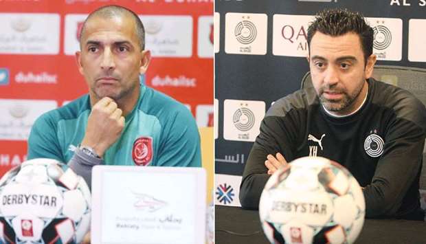 Al Duhail coach Sabri Lamouchi (left) and his Al Sadd counterpart Xavi Hernandez attend a press conference yesterday, on the eve of their QNB Stars League match.