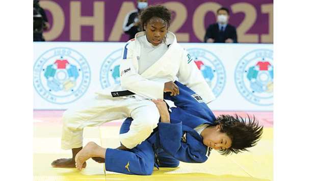 Clarisse Agbegnenou of France (in white) in action against Nami Nabrkura of Japan in the 2021 Doha Masters at the Lusail Multipurpose Hall yesterday. Pictures: Jayan Orma and agencies