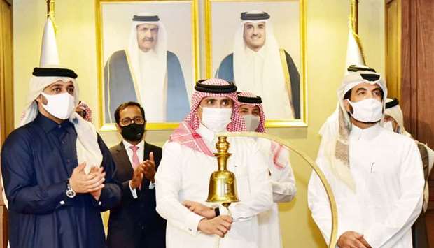 Sheikh Saoud bin Khalid bin Hamad al-Thani rings the bell to market the advent of QLM in the QSE in the presence of al-Mannai, al-Mansoori and other officials and dignitaries. It provided an opportunity for all investors, who were not eligible to subscribe to IPO, to buy the stocks from the secondary market. PICTURE: Jayan Orma