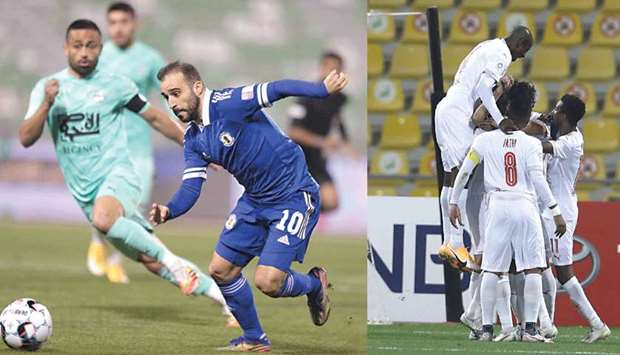Al Khoru2019s Giannis Fetfatzidid (right) in action against Al Ahli during the QNB Stars League match yesterday. RIGHT: Al Gharafa players celebrate after Jonathan Kodjia scored a last-minute equaliser against Al Arabi yesterday.