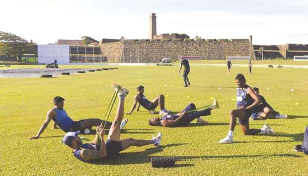 Sri Lanka players train in Galle yesterday, on the eve of the first Test against England.
