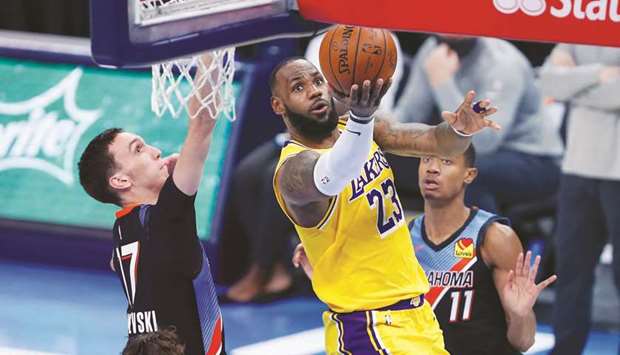 Los Angeles Lakers forward LeBron James (right) goes to the basket as Oklahoma City Thunder forward Aleksej Pokusevski defends during the second half of their NBA game at Chesapeake Energy Arena in Oklahoma City, Oklahoma, USA. (USA TODAY Sports)