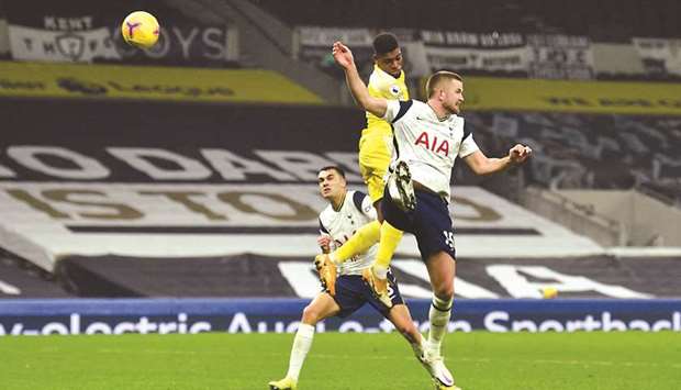 Fulhamu2019s Ivan Cavaleiro (centre) scores a header against Tottenham Hotspur in the Premier League in London on Wednesday. (Reuters)