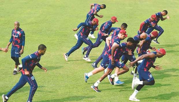 West Indiesu2019 players attend a practice session at the Sher-e-Bangla National Cricket Stadium in Dhaka yesterday.