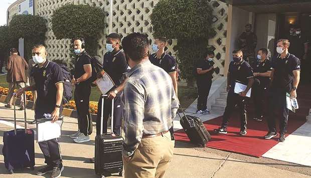 South African players arrive at the airport in Karachi to play two Tests and three Twenty20 internationals on their first tour of Pakistan in 14 years. (AFP/PCB)