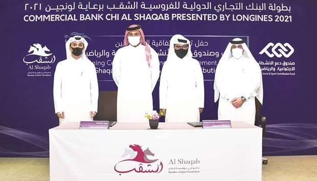 From left: Omar al-Mannai, Commercial Manager of Al Shaqab and Event Director of Commercial Bank CHI AL SHAQAB Presented by Longines; Khalifa al-Attiya, Executive Director of Al Shaqab, and Vice Chairman Supreme Organising Committee of CHI Al SHAQAB; Abdulrahman bin Abdulatif al-Mannai, Chief Executive Officer of The Social & Sport Contribution Fund; and Ahmed Salem al-Ali, Programs Manager of The Social & Sport Contribution Fund pose after the press conference yesterday.