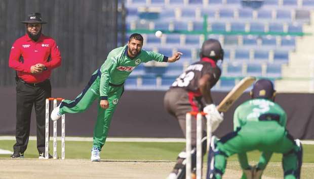 Irelandu2019s Simi Singh bowls against the UAE during the second ODI in Abu Dhabi yesterday. (Cricket Ireland)