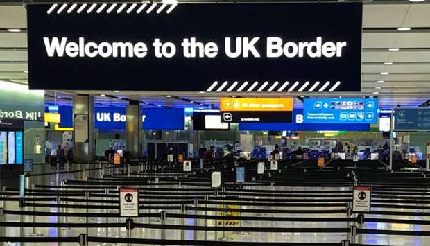 A UK border sign welcomes passengers on arrival at Heathrow airport in west London