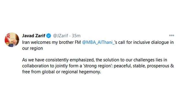 Iran FM tweet welcoming Qatar FMu2019s call for inclusive dialoguernrn