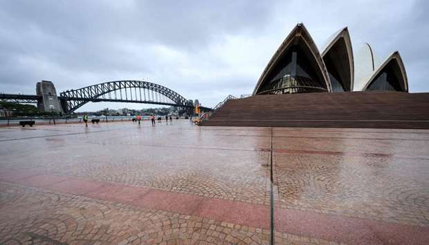 A deserted forecourt of the Opera House as Covid-19 restrictions are enforced for New Year celebrations around Circular Quay in central Sydney