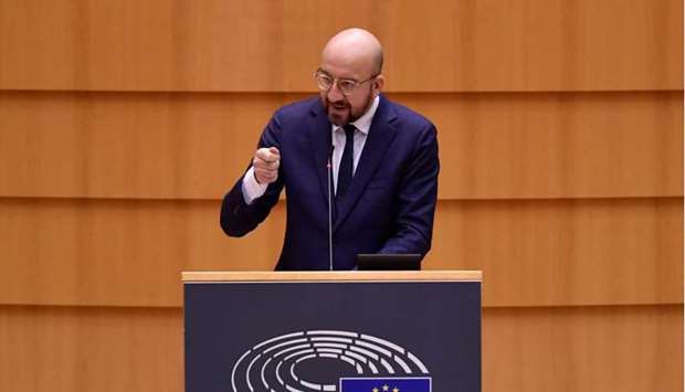 European Council President Charles Michel addresses European lawmakers during a plenary session on the inauguration of the new President of the United States and the current political situation, at the European Parliament in Brussels