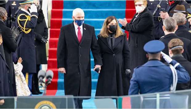 Vice President Mike Pence and Karen Pence arrives at the inauguration of US President-elect Joe Biden on the West Front of the US Capitol