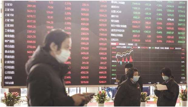 Employees and visitors walk past an electronic stock board at the Shanghai Stock Exchange. The Composite index closed 0.5% up at 3,583.09 points yesterday.