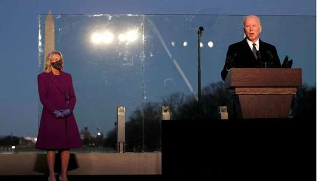 US President-elect Joe Biden delivers remarks at a coronavirus disease memorial event at the Lincoln Memorial in Washington, January 19