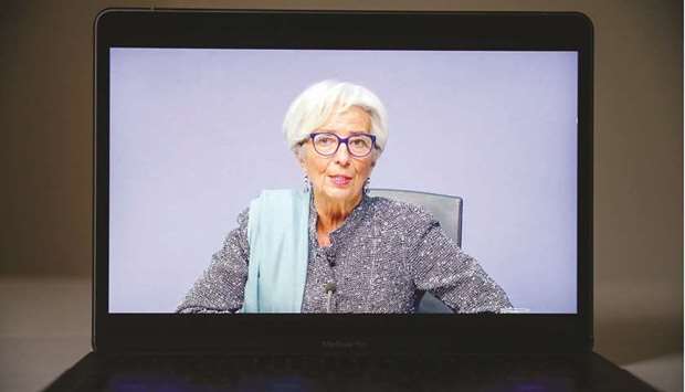 ECB president Christine Lagarde speaks during a live stream video news conference in Frankfurt. u201cThe pandemic continues to pose serious risks to public health and to the euro area and global economies,u201d Lagarde said.