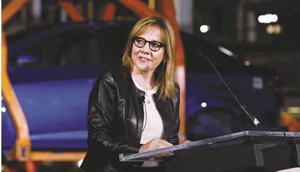 GMu2019s CEO Mary Barra speaks during an event at the companyu2019s assembly plant in Orion Township, Michigan. GMu2019s shares have soared 60% since October as Barra has doled out details of her plan to get to an all-electric and driverless line-up.