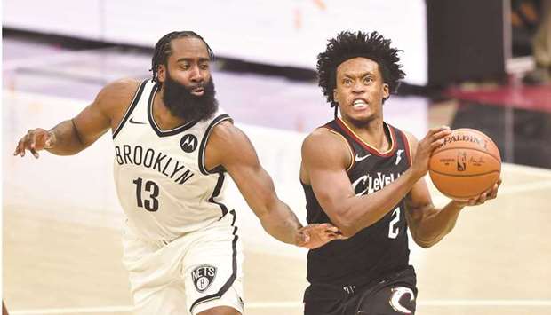 Cleveland Cavaliers guard Collin Sexton (right) drives against Brooklyn Nets guard James Harden in the second overtime at Rocket Mortgage FieldHouse in Cleveland, Ohio, USA. (USA TODAY Sports)