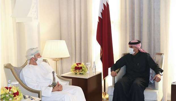 HE the Prime Minister and Minister of Interior Sheikh Khalid bin Khalifa bin Abdulaziz Al-Thani meets with the Minister of Interior of the Sultanate of Oman Sayyid Hamoud bin Faisal Al Busaidi