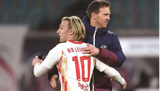 RB Leipzig coach Julian Nagelsmann (right) says his team were u2018incredibly matureu2019 in 1-0 win over Union Berlin on Wednesday. (Reuters)