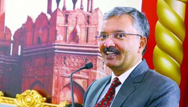 Indian ambassador Dr Deepak Mittal delivering a speech at the launching of u2018India Fest 2021u2019 held on Sunday at LuLu Hypermarket, Al Gharafa. PICTURE: Jayan Orma